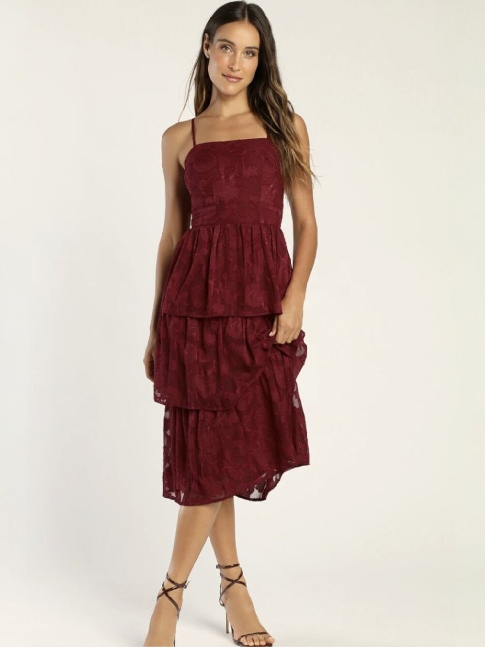 Lulus Grace and Beauty Burgundy Burnout Floral Print Tiered Dress NWT